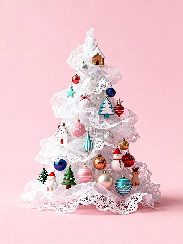 白色蕾丝轻纱、可爱微型装饰，淡粉色背景