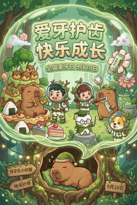 卡皮巴拉在树洞里睡觉，它链接出一个梦境，梦境里是美食组成的世界，卡皮巴拉先在吃东西然后刷牙，整体是爱牙日主题，使用伢牙乐的IP人物，整体画面色调为清新绿色，格林童话风格，可爱卡通插画预览效果