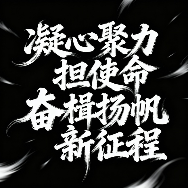 书法字体海报，主体为“凝心聚力担使命 奋楫扬帆新征程”14个草书汉字，草书字体狂野奔放，视觉张力富有动感，超粗笔画流畅飘逸，笔画巧妙延长变形，带有飞白效果，笔画流畅潇洒，干净背景，整体呈现大师海报作品预览效果
