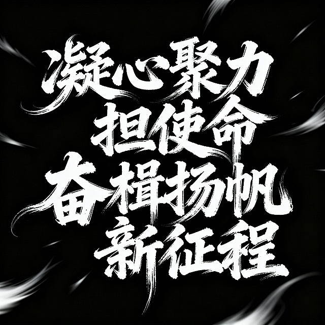 书法字体海报，主体为“凝心聚力担使命 奋楫扬帆新征程”14个草书汉字，草书字体狂野奔放，视觉张力富有动感，超粗笔画流畅飘逸，笔画巧妙延长变形，带有飞白效果，笔画流畅潇洒，干净背景，整体呈现大师海报作品风格，电影海报视觉效果