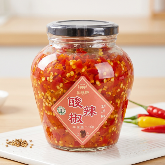 淘宝电商主图，金辣娇酸辣椒550g瓶装产品展示，干净的食品风格背景，突出产品标签和新鲜剁椒，清晰醒目，适合电商销售预览效果