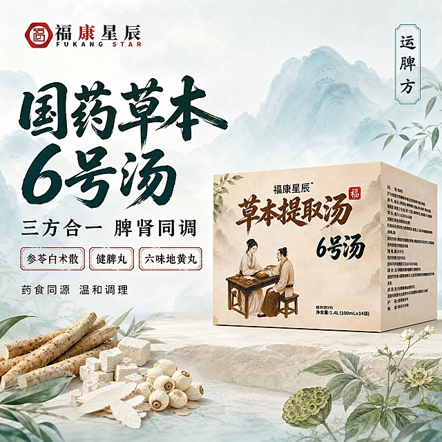 [主图-1] 主题：福康星辰国药草本6号汤剂 首图点击率图，核心任务是突出三方合一脾肾同调的国潮草本养生主卖点，吸引目标用户点击。
[统一基调] 国潮国风专业品质风格，整体清透草本感，背景以浅青蓝+米白渐变为主，点缀水墨山水与草本植物元素；标题字色为深墨青色，采用粗笔书法体；辅助文案为深灰色黑体；强调色为朱红色印章样式；字体层级分明，主标题最大最粗，辅助文字缩小60%以上；卡片采用圆角浅底轻描边样式。
[画面] 产品包装盒（福康星辰草本提取汤6号汤）位于画面右侧偏中位置，占画面约55%，微仰视45度角展示，盒身正面与侧面均可见，包装上的古风人物图案、产品名称、品牌Logo清晰完整；包装盒下方有柔和的接触阴影，自然落在浅米色台面上；画面左侧留白放置主标题与卖点文案；背景为淡青蓝色水墨山水晕染，远处有朦胧山峦，近处点缀几株草本植物（山药、茯苓、莲子等）的写意插画，营造国药草本氛围；左上角放置福康星辰品牌Logo（红底白字福字印章+福康星辰中英文）。
[光影质感] 商业摄影质感，柔和自然光从左上方打来，盒身正面明亮，侧面有自然明暗过渡，体现纸盒材质质感与立体感；整体光影通透干净，无硬阴影。
[配色] 主背景浅青蓝渐变至米白，标题深墨青色，辅助文字深灰，强调色朱红印章，产品包装保持原有的米黄底+深棕字+古风人物配色。
[文字版式] 左侧上半部分主标题采用粗笔书法体大字"国药草本6号汤"，下方一行稍小字体"三方合一 脾肾同调"；再下方用两个朱红印章式小框分别标注"参苓白术散""健脾丸""六味地黄丸"三方名；底部小字"药食同源 温和调理"；文字均左对齐，放在负空间，不遮挡产品；右上角竖排小字"运脾方"。
[输出要求] 比例1:1，2048x2048像素，文字清晰可读，产品清晰完整不变形，无错字，画面干净专业；负向：禁止出现平台Logo、水印、二维码、绝对化用语、医疗功效宣称、人物面部扭曲、产品变形悬浮穿模、杂乱背景。