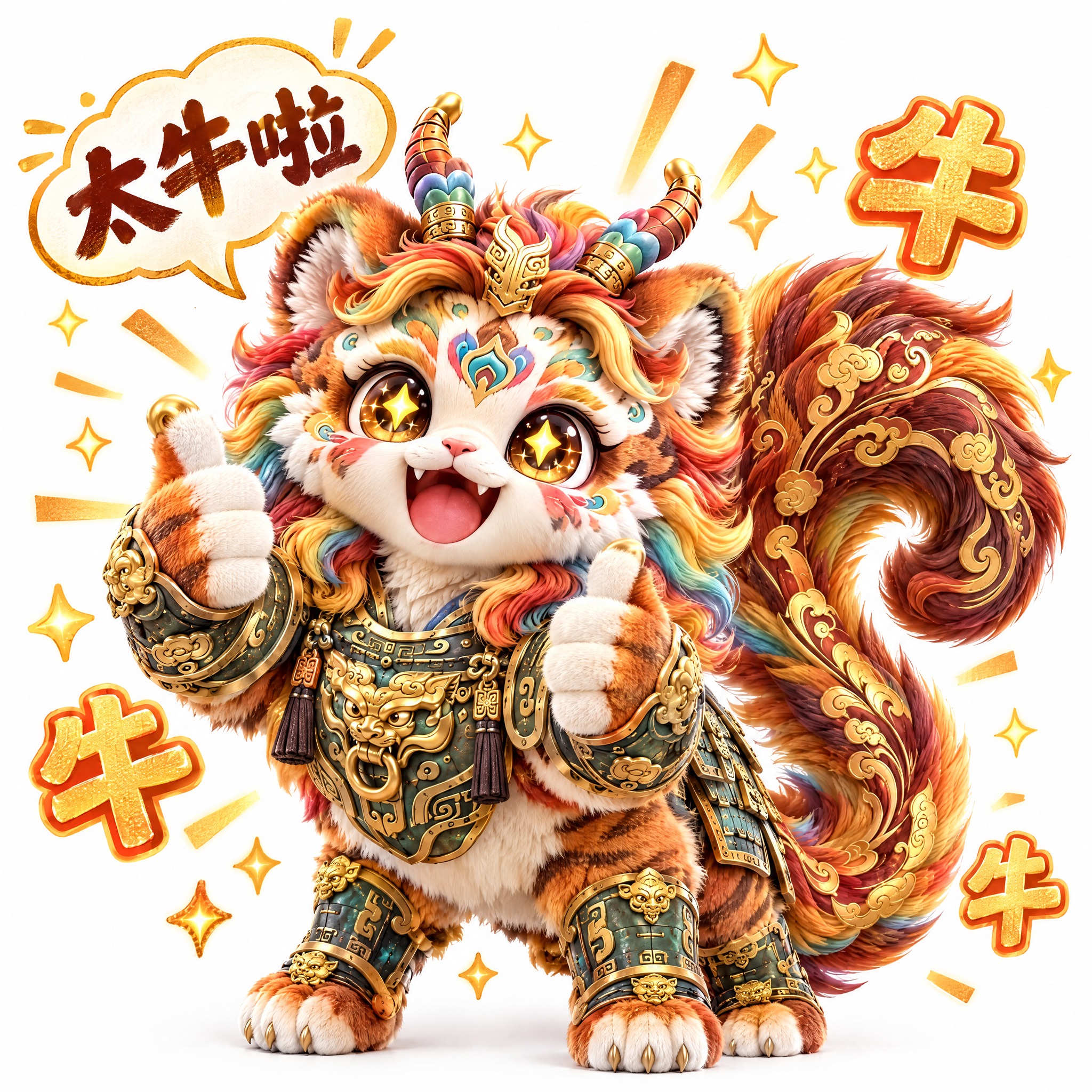 参考图中的五彩虎形小神兽（彩色鬃毛、双角、青铜金色铠甲、金色云… - 图片创意预览