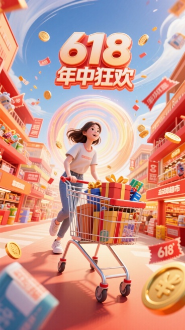 3d风格，科技感。画面文案：顶部大标题“618”和副标题“年中狂欢”。画面视觉：一个穿着休闲装的女孩，推着购物车，购物车里装着一些礼物盒和商品，周围有优惠券和金币，背后是节日氛围的漩涡，漩涡周围飘散着预览效果