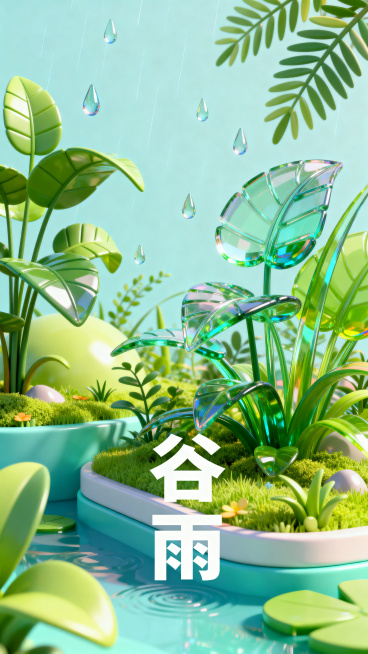 C4D风格谷雨节气海报背景，明亮多彩配色，充满春日生机感，包含3D立体植物与雨滴元素，通透玻璃质感，柔和光影效果，层次丰富，高饱和度亮丽色调，画面干净留白，高清精致，风格治愈清新预览效果