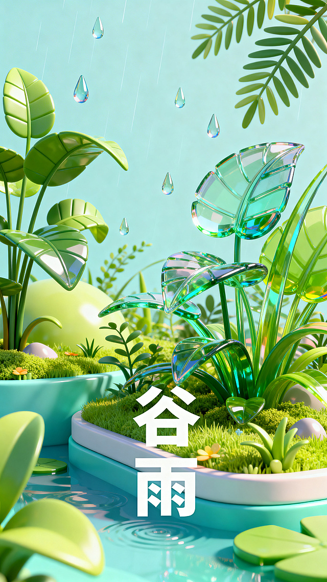 C4D风格谷雨节气海报背景，明亮多彩配色，充满春日生机感，包含3D立体植物与雨滴元素，通透玻璃质感，柔和光影效果，层次丰富，高饱和度亮丽色调，画面干净留白，高清精致，风格治愈清新