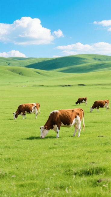 一片广阔无垠的大草原，草原上覆盖着鲜嫩的绿色青草，几头棕白相间的牛正在低头悠闲地吃草，远处是连绵起伏的绿色丘陵，天空湛蓝，飘着几朵洁白的云彩，阳光明媚，光线充足，整个画面充满了宁静、自然、生机勃勃的氛围。预览效果