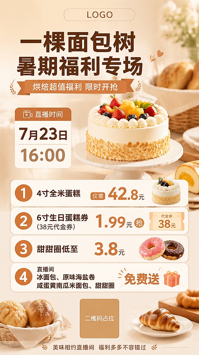 烘焙蛋糕品类直播促销海报，整体风格贴合烘焙主题，高级简约温馨，暖调浅卡其干净背景，写实商业摄影风格，主标题清晰醒目突出。顶部预留位置放置logo，主标题"一棵面包树暑期福利专场"，副标题"烘焙超值福利 限时开抢"，醒目标注直播时间"7月23日" "16:00"，依次排列清晰展示优惠福利：1. "4寸全米蛋糕"仅需 "42.8元"，2. "6寸生日蛋糕券(38元代金券)" "1.99元"抢，3. 甜甜圈低至 "3.8元"，4. 直播间"冰面包"、原味海盐卷、咸蛋黄南瓜米面包、甜甜圈免费送。底部预留二维码区域，二维码区域使用纯色方块占位符呈现，方块中央标注"二维码占位"文字，严禁生成任何可识别的二维码图案。画面中所有优惠条目信息区域必须填充完整合理的内容，不得出现空白框、空白占位。画面中所有数字必须精确渲染，不得错位、遗漏或编造。版式精美分区，主次层级清晰，标题醒目突出，符合烘焙蛋糕品类调性，整体协调美观。