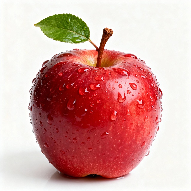 一颗完整的鲜红苹果，表面覆盖着晶莹的水珠，顶部带有翠绿的叶子和棕色的果柄，背景为纯白色，光线明亮，突出苹果的新鲜质感和诱人光泽