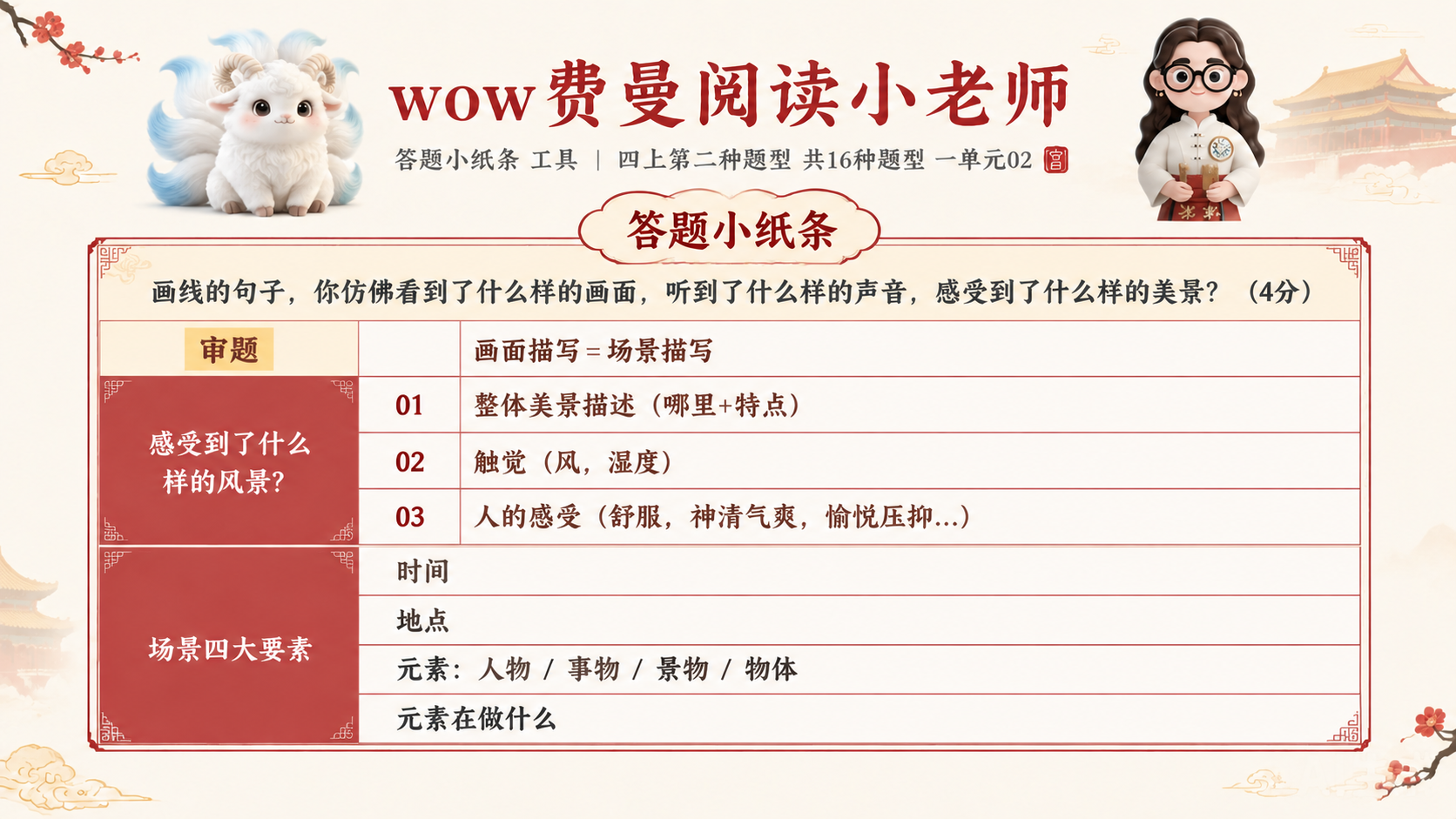 一张横版小学生语文阅读答题知识卡，淡雅故宫风格，米白底色配朱红… - 图片创意预览