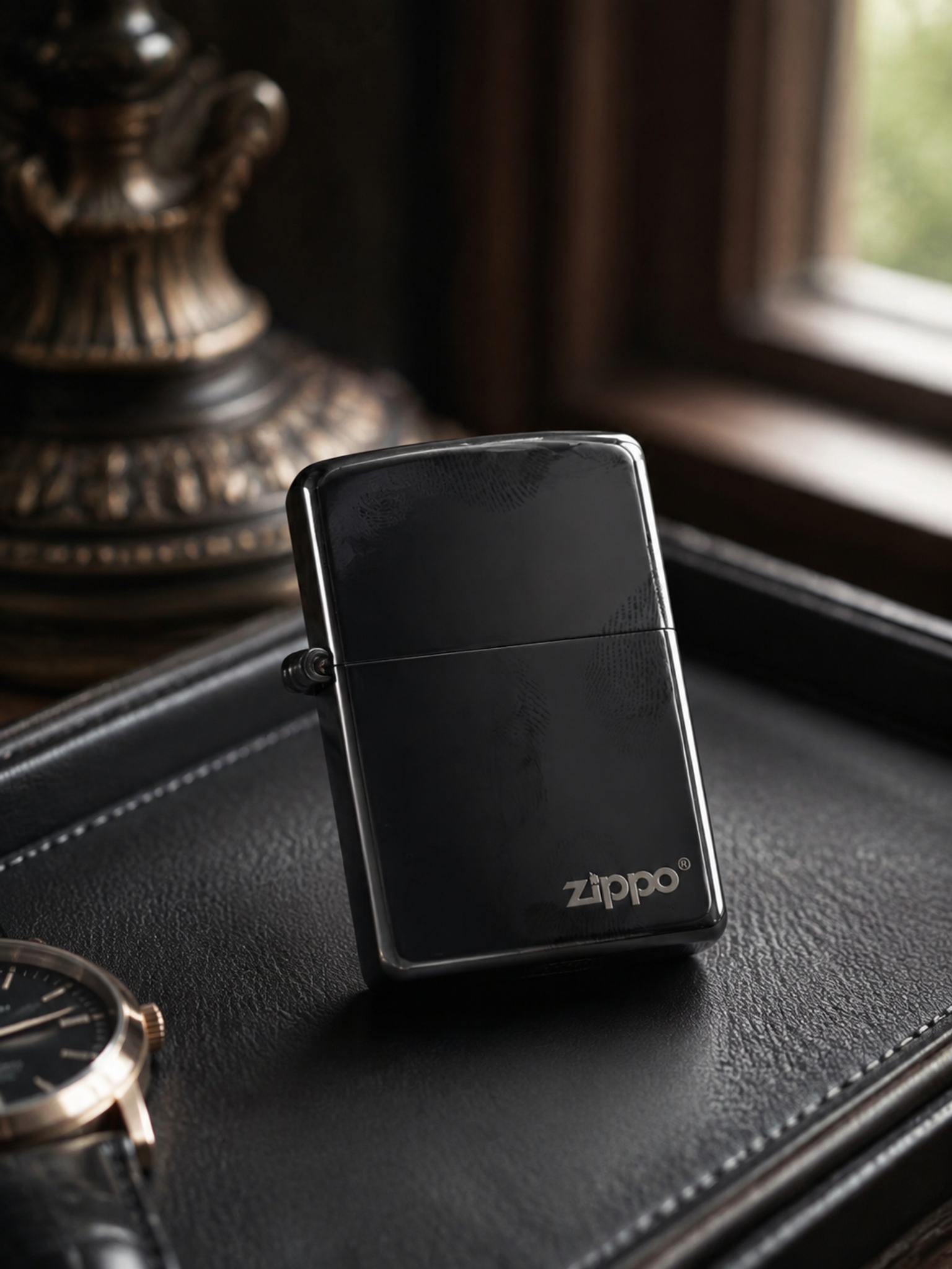 奢侈品商业静物摄影，主体为参考图同款黑色亮面Zippo打火机，… - 图片创意预览
