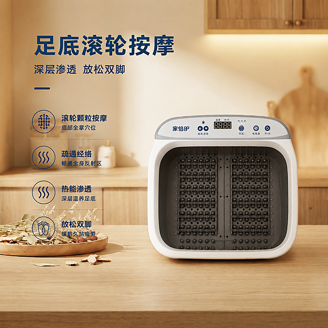 将第二张图（image2）足底滚轮按摩的标题、卖点文字和产品图片完整合成到第一张图（image1）的木质桌面上，保留原图背景和桌面的风格光影，排版清晰自然