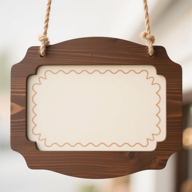 一个木质风格的悬挂式指示牌，主体为圆角矩形，边框采用深棕色木纹材质，顶部有两根麻绳悬挂，牌面为米白色，边缘有一圈精致的浅棕色波浪形花纹装饰，整体设计简约自然，带有温暖的复古感，适合作为店铺招牌或信息指示牌使用。预览效果