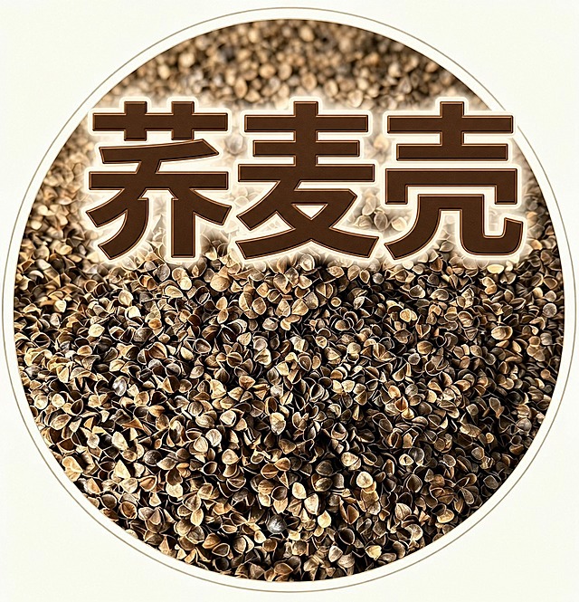 将这张圆形荞麦壳图顶部的"荞麦壳"三个字的字体大幅放大，让文字横向横穿整个圆形画面的宽度，左右两端几乎到达圆圈的左右内圈边缘，非常醒目大气。保持文字在顶部居中位置，棕色立体描边的字体风格不变。荞麦壳食材内容和圆形边框保持原样不变。