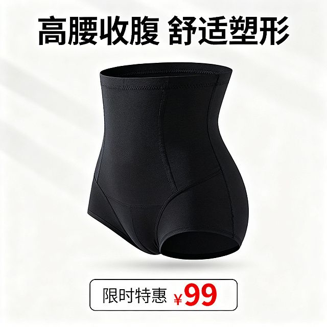 淘宝主图，展示黑色高腰收腹内裤，画面简洁，突出产品，添加“高腰收腹 舒适塑形”文案，底部添加价格标签样式的促销栏，风格符合淘宝平台，不夸张