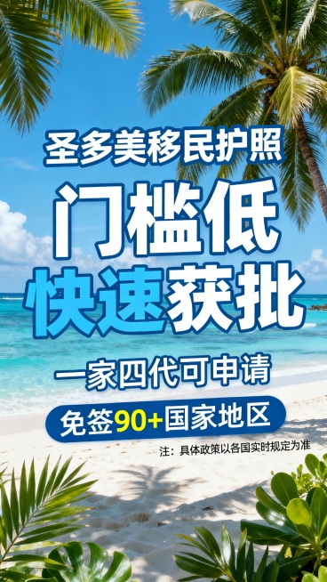 根据以下广告词，自由组合，排序换行展示，字体形式层次多变，不多于4个广告词搭配帮我做广告的素材图，背景元素使用圣多美岛国风格，同时图片右下角区域必须带有风险提示语“注：具体政策以各国实时规定为准“，尺预览效果