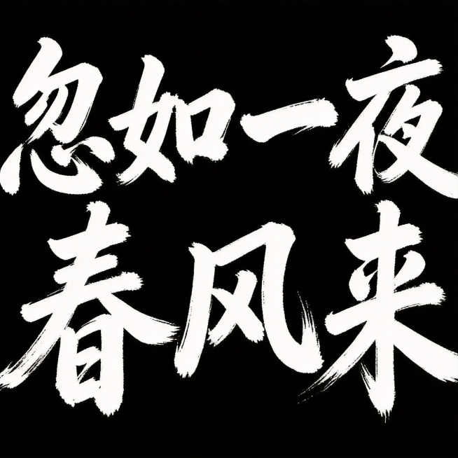参考提供图片的苍劲毛笔书法风格，生成横向排版的文字“忽如一夜春风来”，白色毛笔书法字体，纯黑色背景，保留毛笔笔触和飞白质感，风格大气有力预览效果
