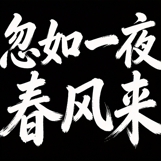 参考提供图片的苍劲毛笔书法风格，生成横向排版的文字“忽如一夜春风来”，白色毛笔书法字体，纯黑色背景，保留毛笔笔触和飞白质感，风格大气有力