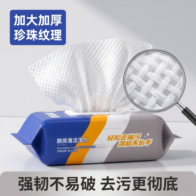 [主图 3] 材质细节展示厨房清洁湿巾。
[氛围风格] 细节特写品质风。
[画质] 商业摄影质感、光线柔和通透、产品清晰真实、画面干净高级。保持厨房清洁湿巾材质纹理与输入产品一致，杜绝任何变形和色差，预览效果