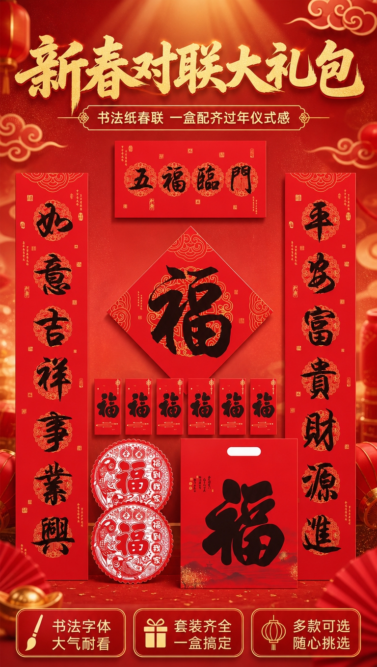 [商品] 使用【图1】五福临门款对联礼包套装；保留对联、横批、… - 图片创意预览