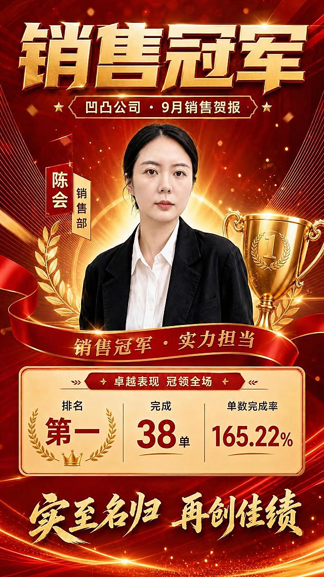 删除画面底部的二维码占位方块，将该区域替换为与周围一致的红色渐变背景和金色光效线条，保持整体画面风格统一，底部"实至名归 再创佳绩"文字位置适当下移居中，其余所有元素和文案保持不变。