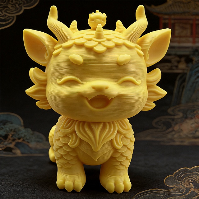 特写展示3D打印Q版貔貅，突出清晰的3D打印纹理细节，新中式国古风风格，深色国风背景适配电商平台