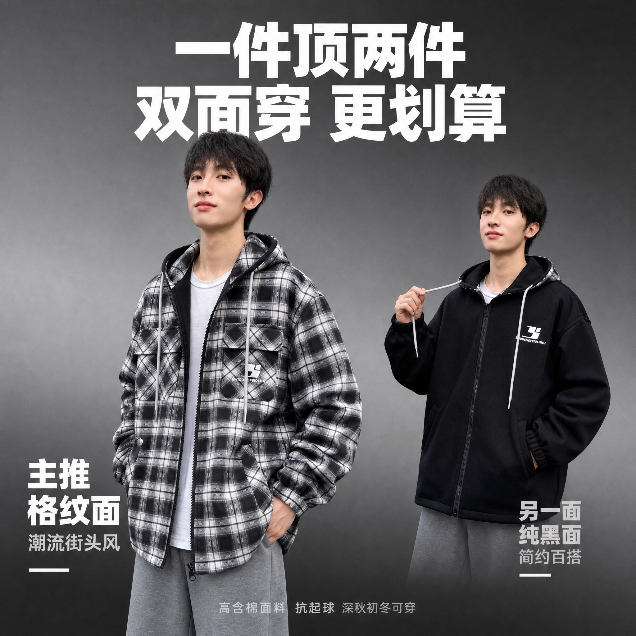 [主图3-双面对比展示] 抖音电商1:1男装双面穿连帽开衫外套… - 图片创意预览