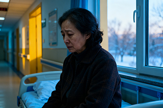 寒冬腊月，医院走廊里暖意融融，但脑病科病房内，娇姨独自坐在病床上，神情忧郁，眼神低垂，窗外隐约可见冬日景象，画面突出娇姨的孤独与内心的阴霾