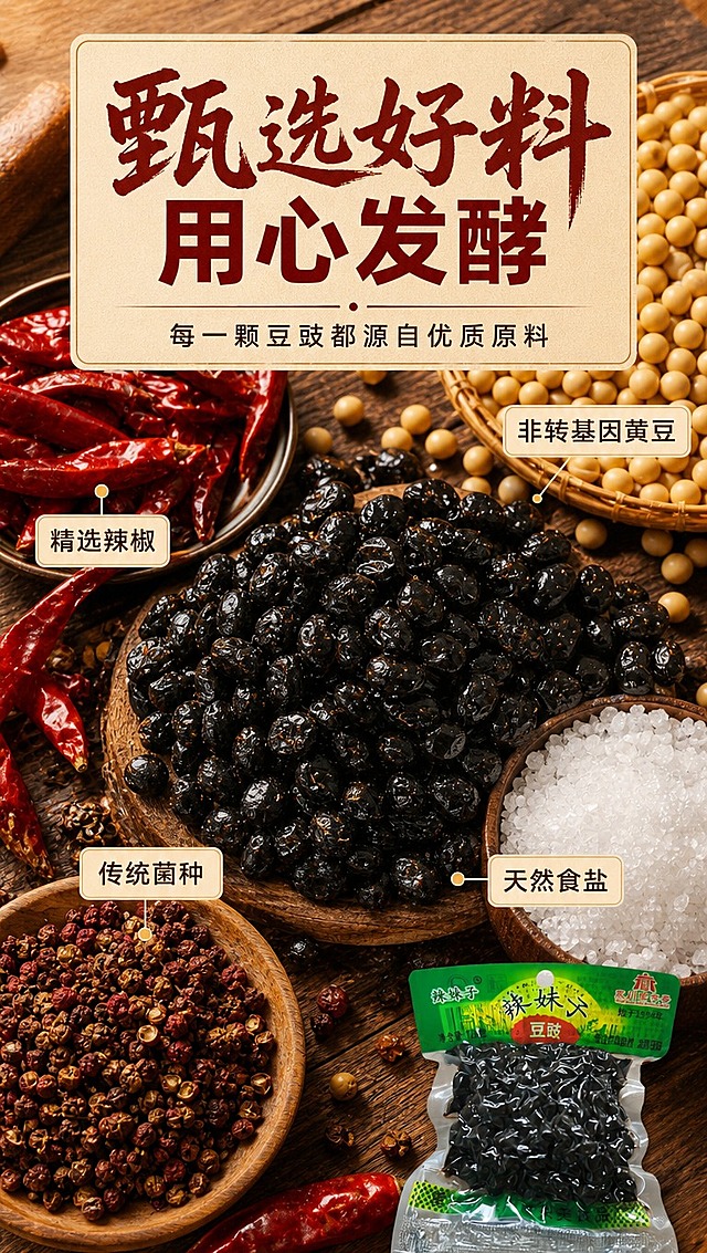[商品] 使用【图1】辣妹子豆豉产品作为辅助元素小图露出；保留包装原貌，仅作缩小展示，不改变任何文字和结构。
[画面] 目标：原料产地展示页，突出甄选好料。原料微距平铺型版式，画面主体为大颗粒黄豆、干红辣椒、花椒、食盐等原料的微距俯拍平铺，原料元素占画面≥60%，颗粒饱满细节清晰；右下角小图露出产品包装袋（占画面约15%）；背景为深棕色木质纹理台面；阅读动线从中心原料向四周扩散。
[视觉] 套系策略：风格=中式家常烟火气食品商业摄影；标题字=书法体+粗黑体组合，有食欲感；正文字=简洁黑体；主色=深酱红+墨绿；背景延展=基于深酱红和墨绿做暖木色、米黄色深浅层级，同色系渐变和木质/纸质/布纹质感；强调色=金黄色，仅用于小面积图标、引线和标签高光；标题色=深酱红；正文色=深棕灰；组件=圆角米白底信息卡、细线引线、印章式标签；光影=顶侧暖柔光，原料表面有自然高光和阴影，质感真实。
[文字] 顶部主标题"甄选好料 用心发酵"，副标题"每一颗豆豉都源自优质原料"；画面中分布4个原料标签：【非转基因黄豆】【精选辣椒】【天然食盐】【传统菌种】，标签为圆角小卡片，不遮挡核心原料细节。
[规格] 图片比例9:16竖版，4K分辨率，medium质量，避免变形、错字、文字过小、冷蓝/蓝灰背景、原料失真、虚假功效承诺。