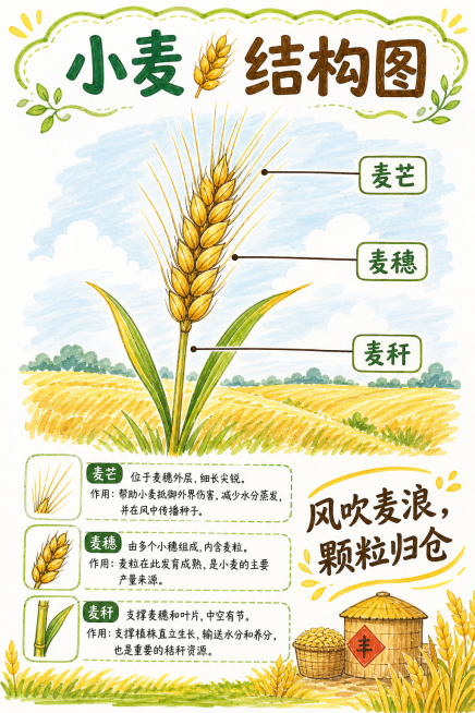 小麦结构图，麦秆，麦芒，麦穗，要标示出来，小报格式预览效果