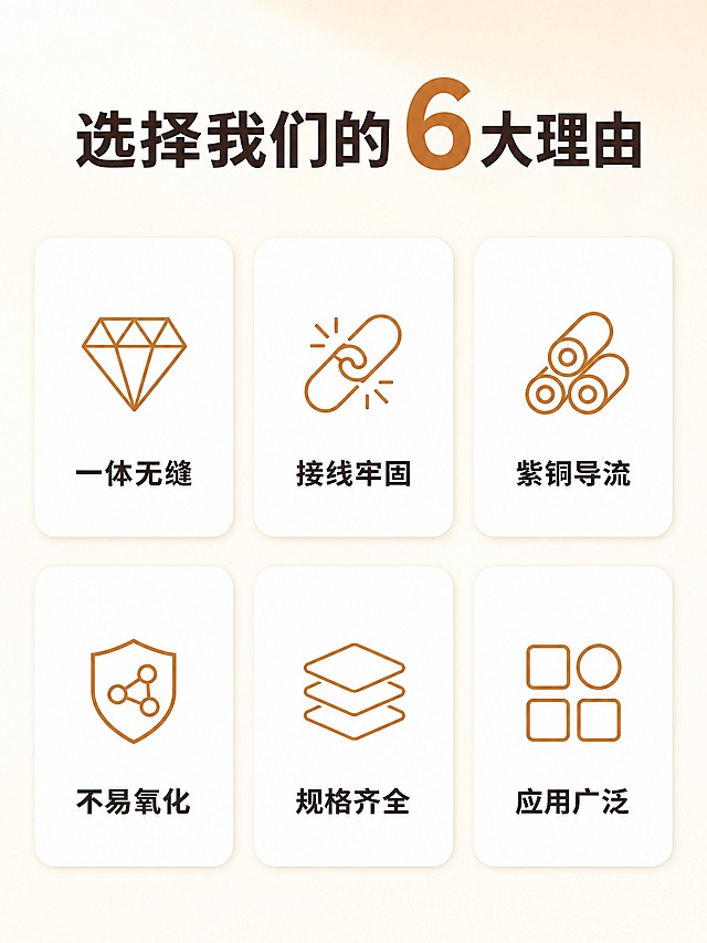 [商品] 纯图标卖点矩阵图，不涉及产品实物。参考【图1】的六个卖点概念和图标形态，将蓝色图标重新设计为铜色#B87333线性风格图标，六个卖点分别为：一体无缝（钻石/一体成型图标）、接线牢固（链接/卡扣图标）、紫铜导流（铜卷/导电图标）、不易氧化（防氧化/盾牌图标）、规格齐全（层叠/多规格图标）、应用广泛（矩阵/多场景图标）。去掉参考图上的所有英文小字（SEAMLESS AND INTEGRATED、THE WIRING IS SECURE等），只保留中文卖点名称。
[画面] 淘宝详情页卖点矩阵图，750×1000px竖版。主标题顶部居中："选择我们的"深棕色大字，"6"用铜色#B87333超大字突出，"大理由"深棕色大字，整体一行排列。下方六个白色圆角卡片按2行3列等距排列，每个卡片内：铜色#B87333线性图标在上居中、中文卖点名称在下居中（深棕色粗体），卡片留白充足。四周留40px安全边距。整体干净简洁，卡片有极淡阴影增加层次。去掉参考图的深灰外圈和分割线。
[视觉] 套系策略：风格=暖调简约高级商业风；标题字=粗黑体；正文字=简洁无衬线粗体；主色=暖米白#F5EDE0；背景延展=暖米白#F5EDE0干净背景，顶部带极淡柔光渐变；强调色=铜色#B87333，用于数字"6"和图标；标题色=深棕#3E2723；正文色=深棕#3E2723；组件=白色#FFFFFF圆角卡片、极淡投影；光影=顶部柔和漫射光，整体明亮通透。不要冷灰调、不要蓝色图标、不要深暗外圈、不要分割线。
[文字] 顶部主标题一行："选择我们的6大理由"，其中"选择我们的"和"大理由"为深棕#3E2723粗黑体，"6"为铜色#B87333超大粗体字突出。六个卡片内文字：一体无缝、接线牢固、紫铜导流、不易氧化、规格齐全、应用广泛，均为深棕#3E2723粗体中文。所有文字清晰锐利无乱码，全部横向排版。无任何英文小字。
[规格] 图片尺寸750×1000px竖版，JPG格式，sRGB，质量85，4K渲染精度。负向提示：避免冷灰调、蓝色图标、深暗外圈、分割线、英文小字、文字模糊、文字乱码、竖排文字、斜排文字。