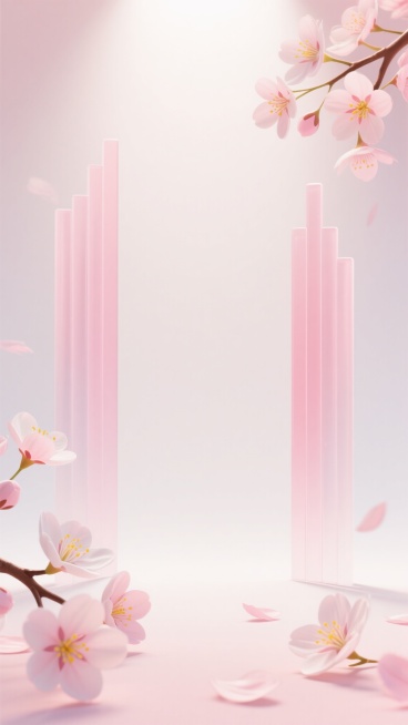 3D渲染风格的樱花主题背景，整体采用柔和的粉白色调，以浅粉色到白色的渐变作为背景底色，光线从顶部中央柔和地照射下来，形成明亮的高光区域和淡淡的阴影，营造出温馨浪漫的氛围。画面中，左侧和右侧各有一组垂直排列的半透明粉色长条形装饰，呈现出简约的几何美感。前景的左下角和右下角以及右上角点缀着盛开的樱花枝，樱花花瓣呈现出粉白渐变的色彩，花蕊为黄色，细节清晰，质感细腻，部分花瓣自然散落，增加了画面的层次……预览效果