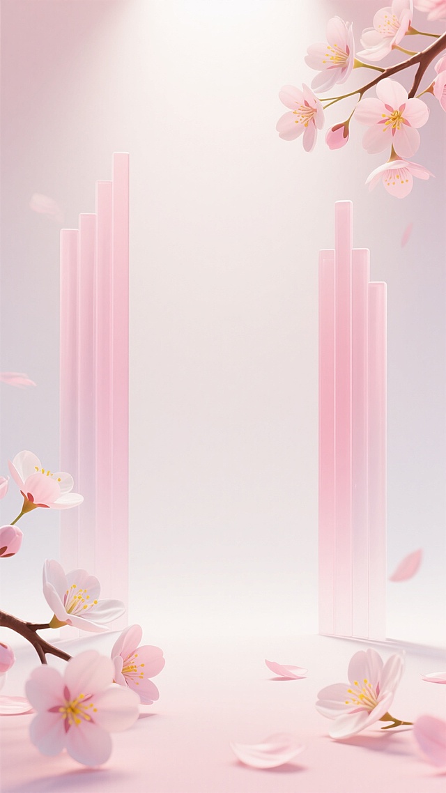 3D渲染风格的樱花主题背景，整体采用柔和的粉白色调，以浅粉色到白色的渐变作为背景底色，光线从顶部中央柔和地照射下来，形成明亮的高光区域和淡淡的阴影，营造出温馨浪漫的氛围。画面中，左侧和右侧各有一组垂直排列的半透明粉色长条形装饰，呈现出简约的几何美感。前景的左下角和右下角以及右上角点缀着盛开的樱花枝，樱花花瓣呈现出粉白渐变的色彩，花蕊为黄色，细节清晰，质感细腻，部分花瓣自然散落，增加了画面的层次感和灵动性。整个构图采用对称与不对称相结合的方式，垂直的线条与樱花的柔美曲线形成对比，留白充足，给人以干净、舒适的视觉感受，适合作为展示或宣传的背景使用。