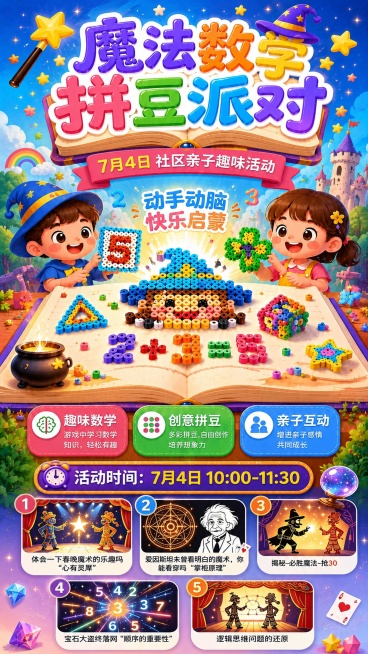 修改这张海报，去掉"高价值趣味活动"字样，保留全部原有标题、拼豆图案、5项活动内容和活动时间信息，重新调整排版让整体布局更协调美观，保持童趣创意卡通风格，色彩统一和谐，文字清晰，版式精美预览效果