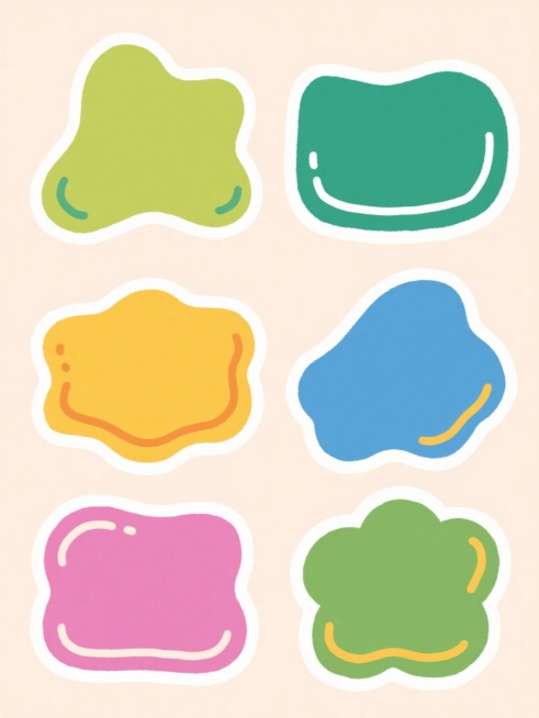 极简手绘涂鸦风格插画，浅色背景上排列6个不同配色、不同样式、不同材质的不规则图形造型，分上下两行对齐排列，每个图形边缘有白色描边，色彩明快鲜亮，线条圆润流畅，整体呈现轻松活泼的视觉效果，图形造型富有变化，材质感通过色彩浓淡和边缘处理区分，画面简洁干净，视觉焦点突出。预览效果