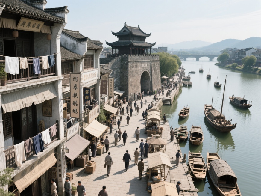 民国时期的浙江衢州，日光下的俯瞰视角，展现过往的城市风貌，古老的水亭门矗立其中，港口内商船停泊，码头边人来人往，商铺林立充满烟火气息，建筑的阳台露台上晾晒着衣物，整体画面营造出孤独又壮丽的氛围，真人实预览效果