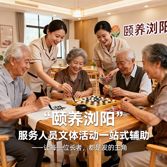 帮我生成带“颐养浏阳”服务人员文体活动一站式辅助——让每一位长者，都成为生活的主角。服务场景的图片