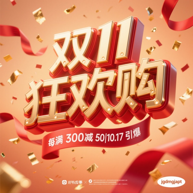 画面主体是“双 11 狂欢购”的立体艺术字，文字以亮金色为主，边缘带有红色的描边，呈现出强烈的3D立体效果，字体造型饱满且富有层次感，仿佛是金属材质，质感高级且富有光泽，部分笔画还有高光点缀，更显精致预览效果