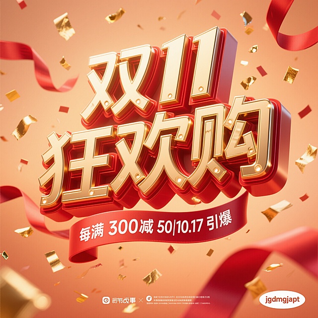3D金属鎏金大字，红金配色强化喜庆与促销感，飘带与金箔营造节日氛围，体积感十足，双11狂欢购主题鲜明。
