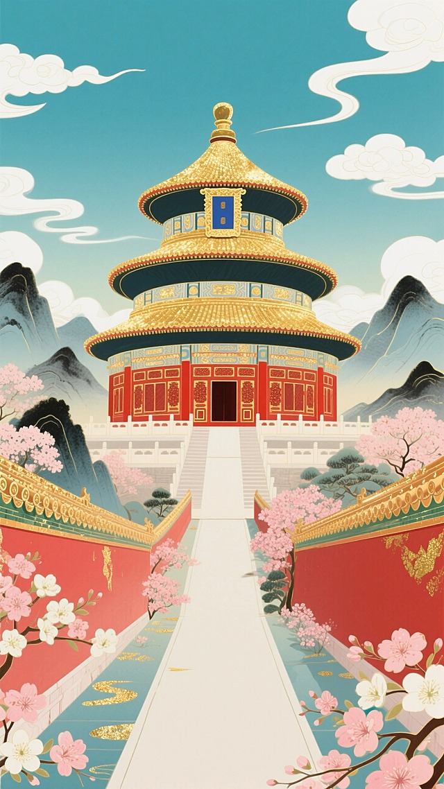 中间是通往天坛的路，尽头是视觉主体天坛，天坛占画面一半，融入水墨色的山，红色宫墙、繁花、云朵，色彩明快，营造古典祥瑞氛围