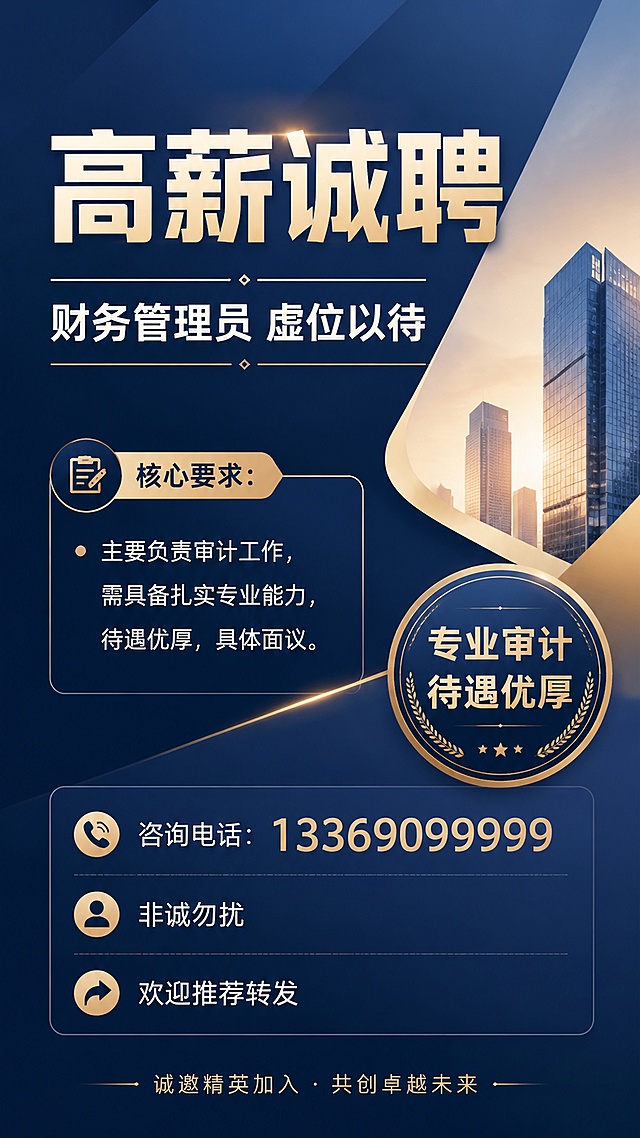 简洁正式商务风招聘海报，画面比例9:16，版式精美，主标题文字为"高薪诚聘"，副标题文字为"财务管理员 虚位以待"，包含文案：核心要求：主要负责审计工作，需具备扎实专业能力，待遇优厚，具体面议，咨询电话：13369099999，非诚勿扰，欢迎推荐转发，装饰文案"专业审计 待遇优厚"，采用简约商务渐变背景，分区清晰，文字清晰可读，整体风格正式大气，配色专业沉稳