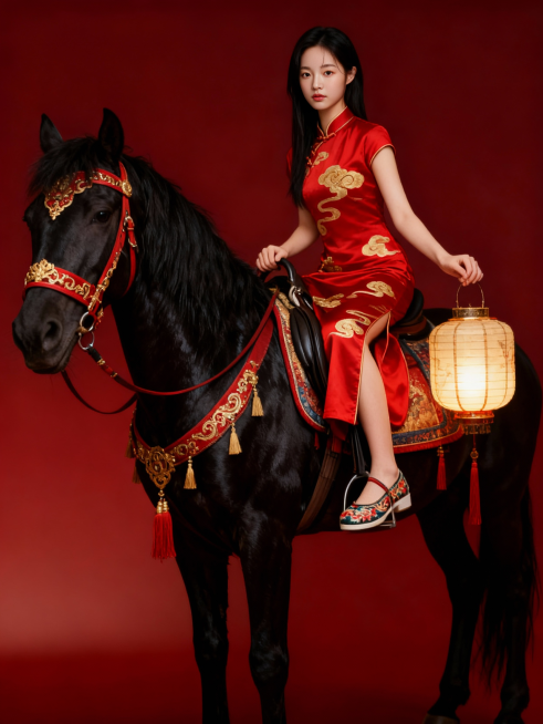 完整展示女生全身与马身，女生穿着朱红中式旗袍（绣金色祥云），脚踩绣花鞋侧坐在黑色骏马背上（一手握住马鞍，一手提着一盏宫灯），直视镜头。马匹具油亮长毛纹理（配红金雕花马笼头、锦缎马鞍、流苏挂饰），氛围古预览效果