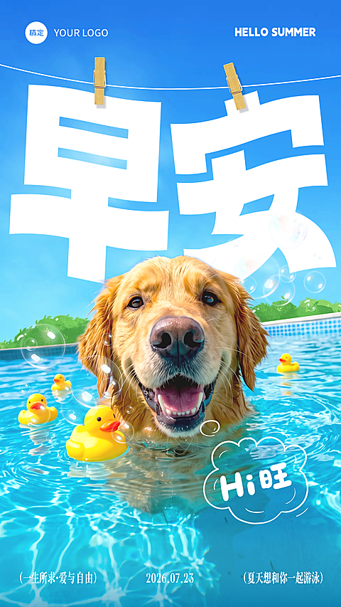 早安你好日签夏日宠物写真特写清爽感手机竖版海报