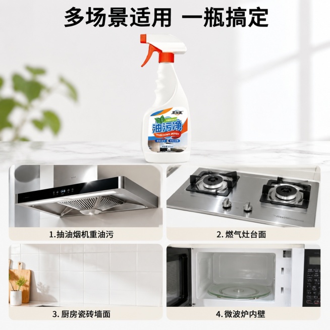 「图片1」，生成一套主图（5张），商品名称是油污净，卖点是顽固油污  轻松瓦解  免拆洗，适配拼多多平台，主图比例为1:1预览效果
