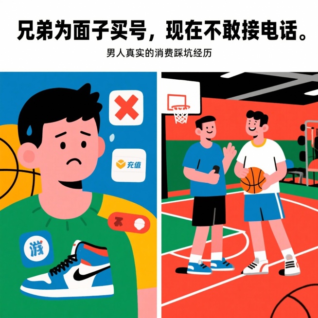 左图：兄弟懊恼脸+游戏充值/球鞋图标❌
右图：两人在球场/健身房聊天场景🏀
大字标题：兄弟为面子买号，现在不敢接电话
小字副标：男人真实的消费踩坑经历预览效果