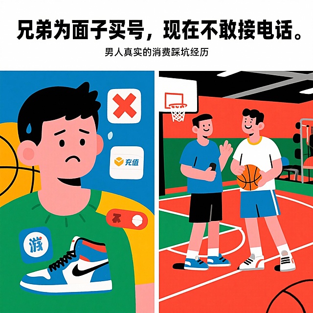 左图：兄弟懊恼脸+游戏充值/球鞋图标❌
右图：两人在球场/健身房聊天场景🏀
大字标题：兄弟为面子买号，现在不敢接电话
小字副标：男人真实的消费踩坑经历