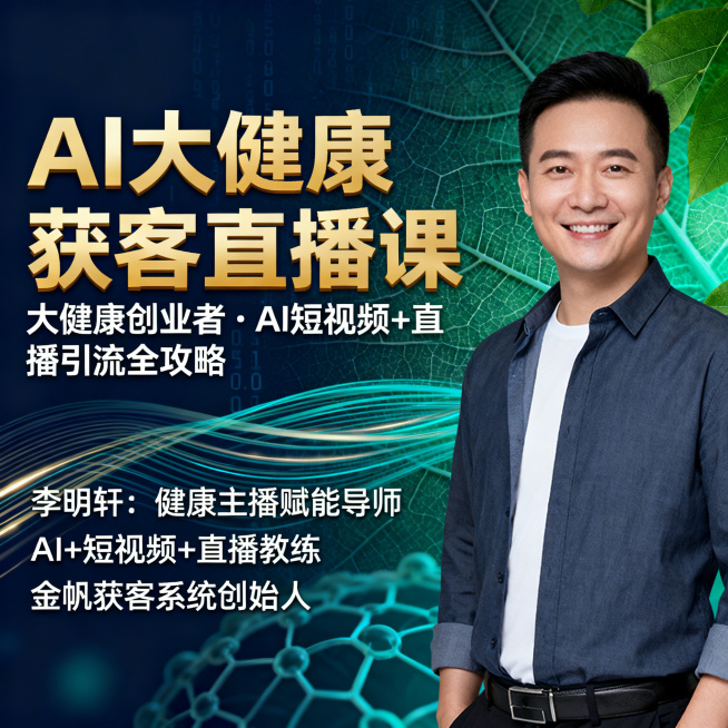 专业大气风格的视频课程封面图，主色调为深蓝、翠绿、金色，不超过三种颜色。画面右侧是半身男性讲师高清形象照，男士穿商务休闲装，自信微笑；画面左侧为文字区域，最大字号粗壮有力金色渐变突出显示“AI大健康获预览效果