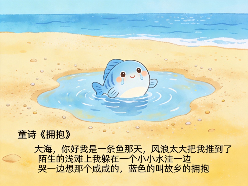 童趣卡通风格海边场景，适合幼儿园使用，一条可爱的小鱼被风浪推到陌生浅滩的小小水洼里，小鱼带着想念偷偷哭着，远处是蓝蓝的大海，整体氛围温柔带着想念，呼应童诗《拥抱》：大海，你好我是一条鱼那天，风浪太大把预览效果