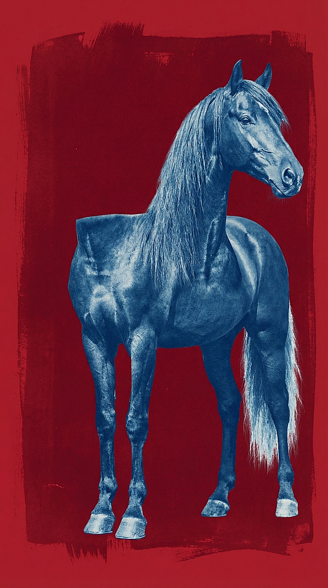 蓝调马匹立于深红背景，双色设计风融合版画质感，复古优雅中透出古典文艺气息，浮雕般的肌理彰显印刷风韵。