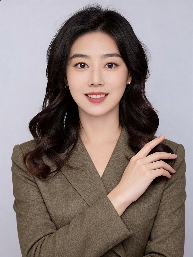 参考图中保留人物脸型、发型、年龄等特征生成职场形象照，保持人物不变，更换为深卡其色精纺羊毛混纺西装外套，西裤同色，更换全新不同手势和姿势，调整手指位置，保留耳环，简约微微暖调浅灰色纯色背景，画质超高分辨率、细节清晰，现代精致感风格；肤质精细化处理；眼神直视镜头，目光坚定且澄澈，表情自然，嘴角上扬；肤色均匀，柔光美白细腻陶瓷肌肤，哑光肤质，肤色均匀提亮；杰作，最佳画质，超高细节，写实摄影，中近景人像，皮肤细腻通透，白皙清透皮肤，柔光，正面补光，画面干净清新，高清皮肤细节；面部光比1:1.5，4800K中性光，微微修饰脸型，肤质哑光细腻，面部雾面柔光，轻透裸肌感，真实毛孔纹理；分辨率4K，严格保留原人物特征